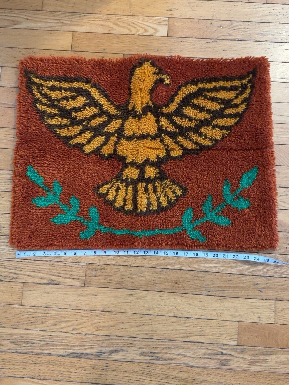 Vintage Latch Hook Rug Wall Hanging Eagle Bird Rust Orange 25x20 Retro Fiber Art
